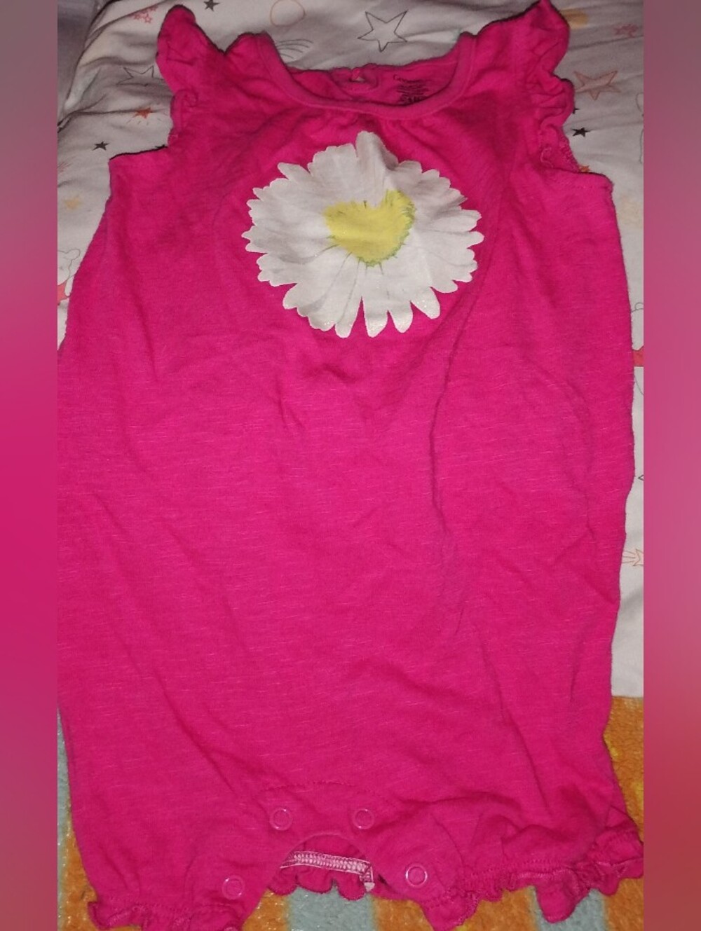Baby/Infant Girls Bright Pink Daisy Romper with Ruffle Shoulders